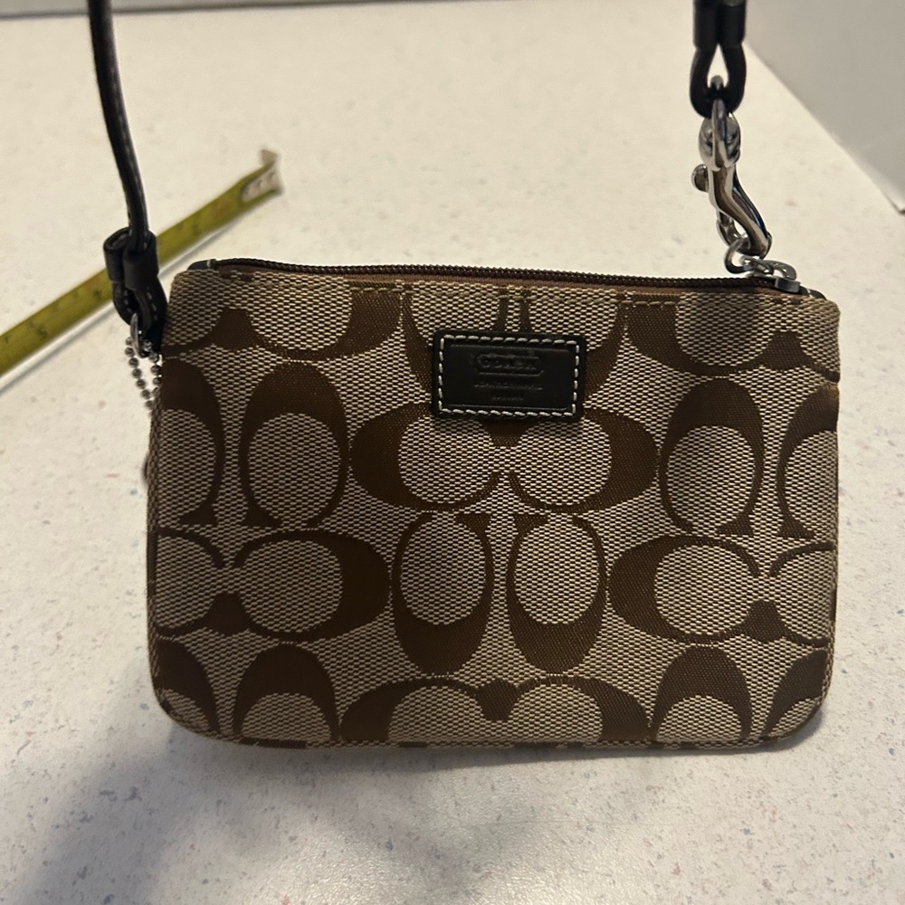 Coach Signature Jacquard Small Wristlet in Brown/Tan